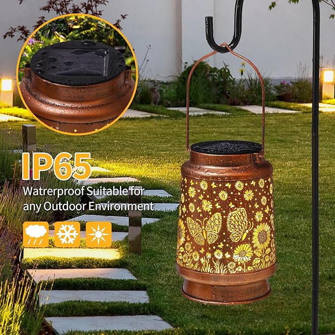 Butterfly Solar Lanterns Outdoor Waterproof Sunflower Garden Decor Birthday Gifts for Women Mom Grandma Hanging Solar Lights Metal Lantern Decoration Outside for PorchPatioYardBackyard