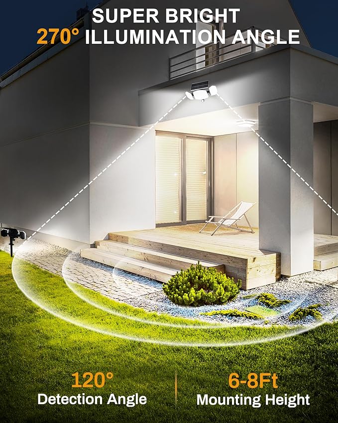 Solar Motion Lights Outdoor with Stake 208 LED 270° Illumination Security Flood Lights for Yrad Garden Pathway 3 Modes IP65 Waterproof In-Ground or Wall Mount