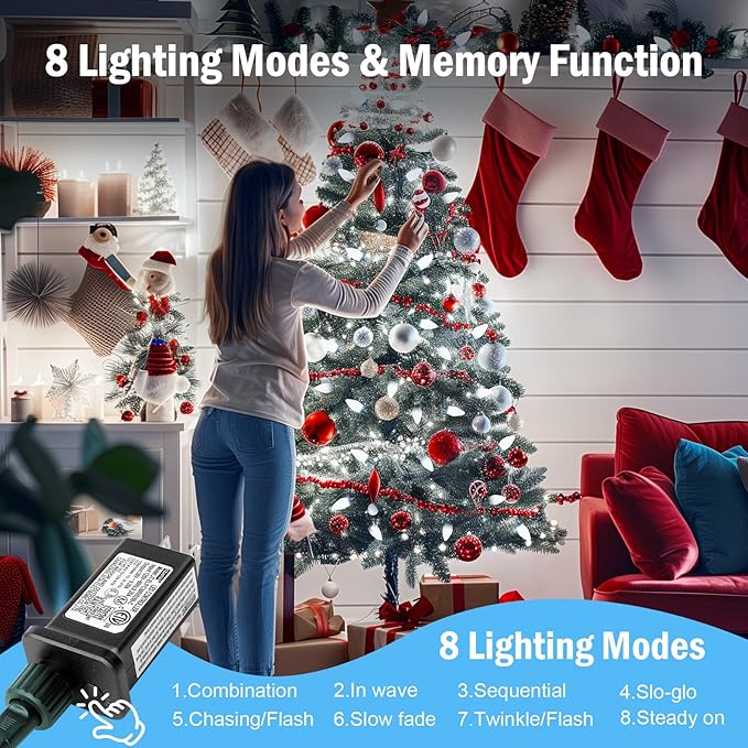 Minetom C9 LED Christmas Lights Outdoor 81FT 100 LED C9 String Lights Waterproof Connectable 8 Modes with Timer &amp Memory Function for Tree Home Yard Party Indoor Outside Cool White