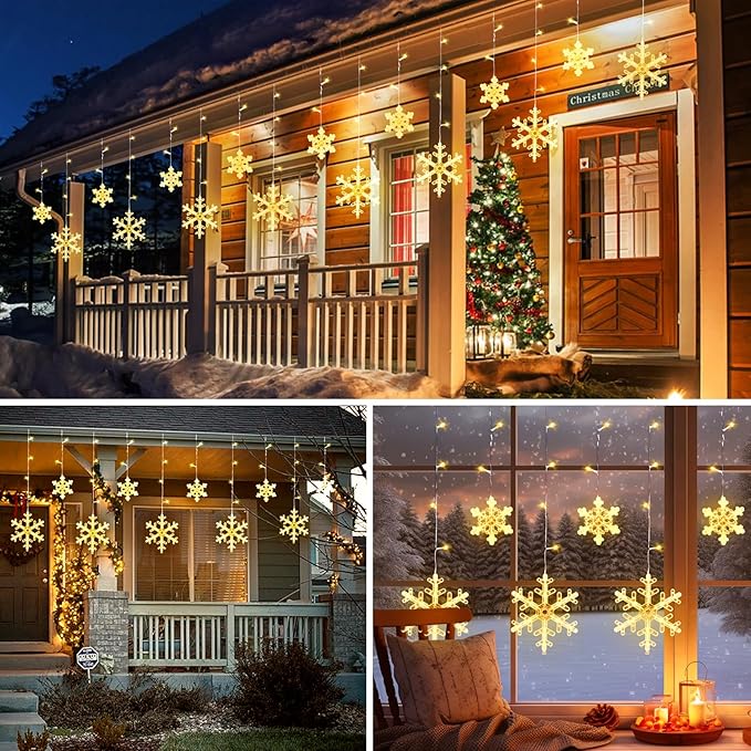 Minetom Christmas Snowflake Lights - 13ft 192LED Snowflake Icicle Lights with 16 Drops 12 Modes and Timer IP65 Waterproof Connectable Christmas Light for House Eave Indoor Outdoor (Warm White)