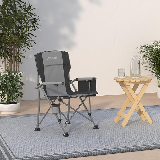 XGEAR Camping Chair with Padded Hard Armrest Sturdy Folding Camp Chair with Cup Holder Storage Pockets Carry Bag Included Support to 400 lbs