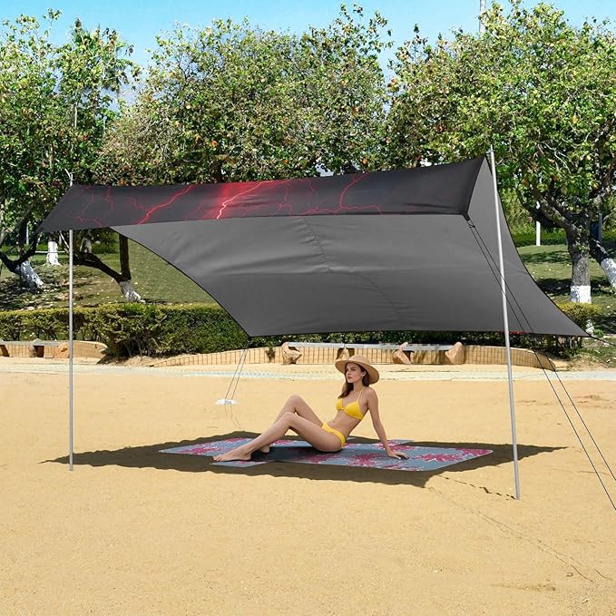Red Lightning on Black Beach Tent Sun Shelter 9.2' x 10.5' Beach Canopy with 4 Sandbags 4 Stability Poles Sand Shovels - Tent Canopy for Beach Camping Fishing Picnics