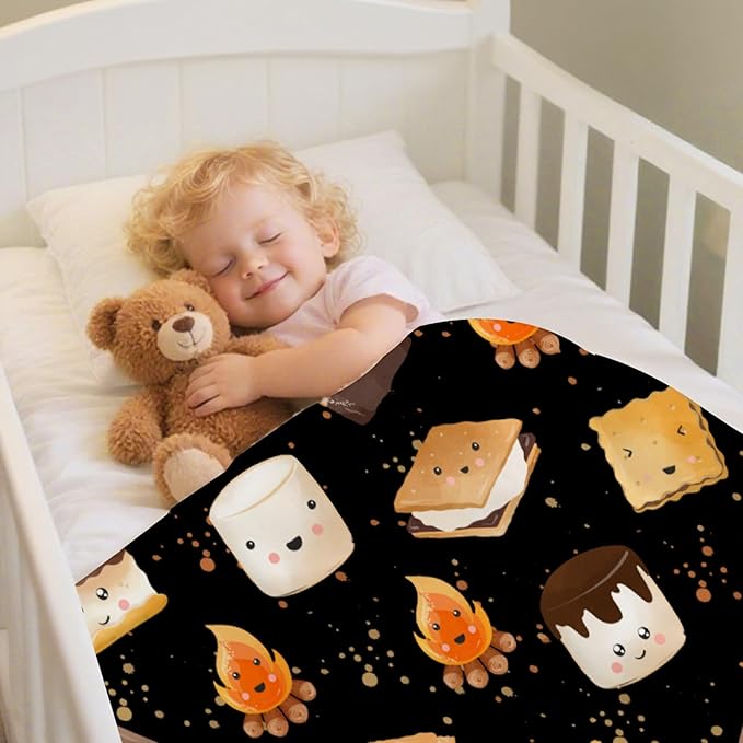 Cute S'Mores Blanket | Ultra Soft Marshmallow Cookie Throw Blanket Gifts for Boys Girls | Roasted Marshmallows Blanket Decor for Couch/Sofa/Travel/Camping All Seasons -50x60-Teens/Travel Size