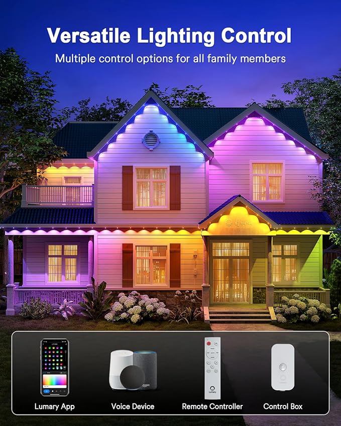 Lumary Permanent Outdoor Lights Max 105ft with 80 LED Eave Lights 4800LM RGBAICW Smart Outdoor Lighting IP67 Waterproof Scene Modes for Daily and Accent Lighting Works with Alexa/Google Assistant