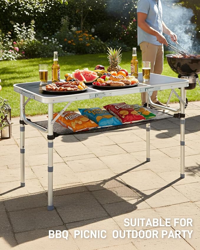 Outvita Folding Table 3FT Aluminum Camping Table with Storage Adjustable Height Picnic Table Lightweight for Carring Outdoor Party Events Beach