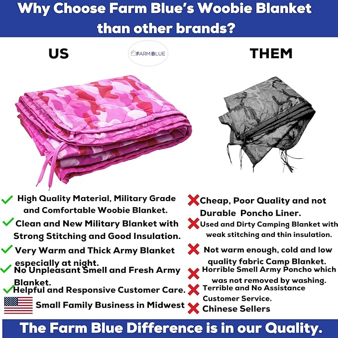 Farm Blue Pink Camo Military Camping Blanket - Woobie Blanket Poncho Liner - for Hiking Gear Backpacking and Car Survival Blankets - Unique New Pretty N Pink Custom Pattern Avail at