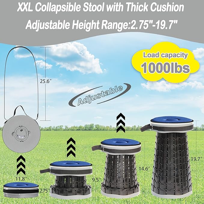 ALEVMOOM 2026 Upgraded XXL 19.7 Collapsible Stool with Cushion 1000lbs Max Weight Heavy Duty Portable Telescoping Stool Retractable Seat Folding Chair for Camping Fishing Hiking(Grey-XXL)