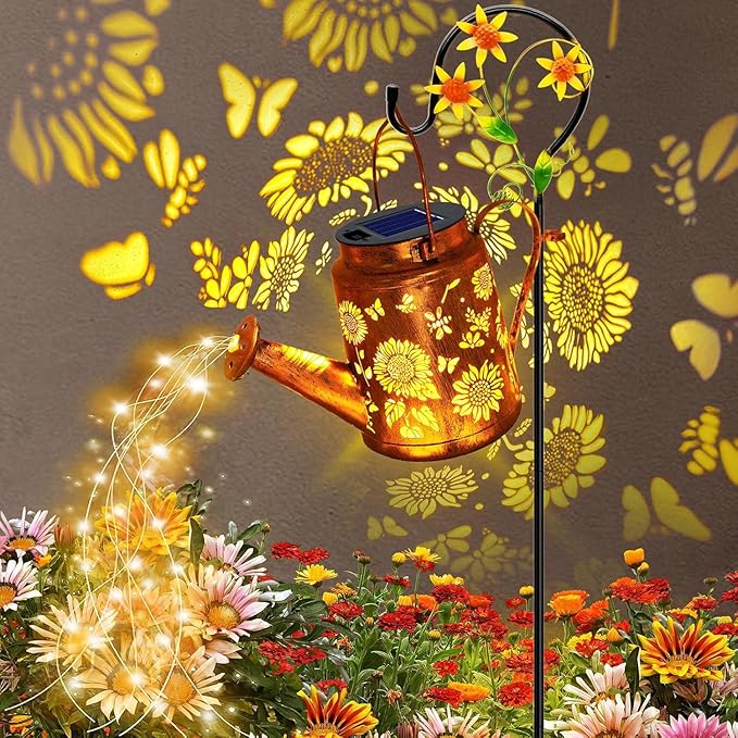 Solar Lanterns Outdoor Sunflower Watering Can lights Waterproof Hanging Lanterns Solar Path Lights Outside Yard Patio Gardren Decor Gardening Christmas Gift for Mom Grandma Women with Shepherd Hook