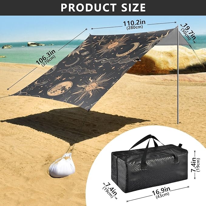 ALAZA Sun Crescent Moon Cloud Beach Tent Sun Shelter UPF50+ Protection Beach Shade Canopy w/ 4 Sandbags for Outdoor Camping Fishing Backyard Fun Picnic 10x9 ft