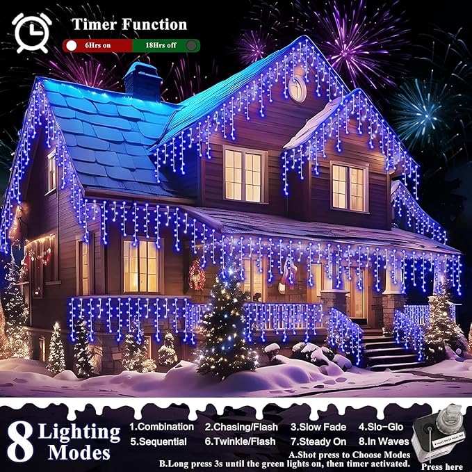 XURISEN 132ft Christmas Lights Decorations Outdoor 1280 LED 8 Modes Fairy Lights with 240 DropsPlug in Waterproof Timer Memory Function for Christmas Holiday Wedding Party Decorations(Blue)