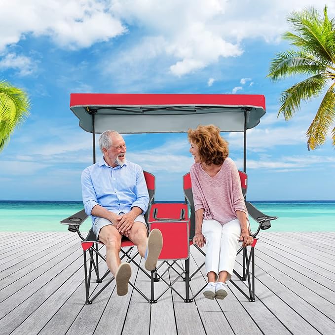 S AFSTAR Double Camping Chair w/Shade Canopy 2-Person Folding Camp and Beach Chair with Mini Table Beverage Cup Holder Carrying Bag Collapsible Camping Chairs for Garden Patio Pool Beach