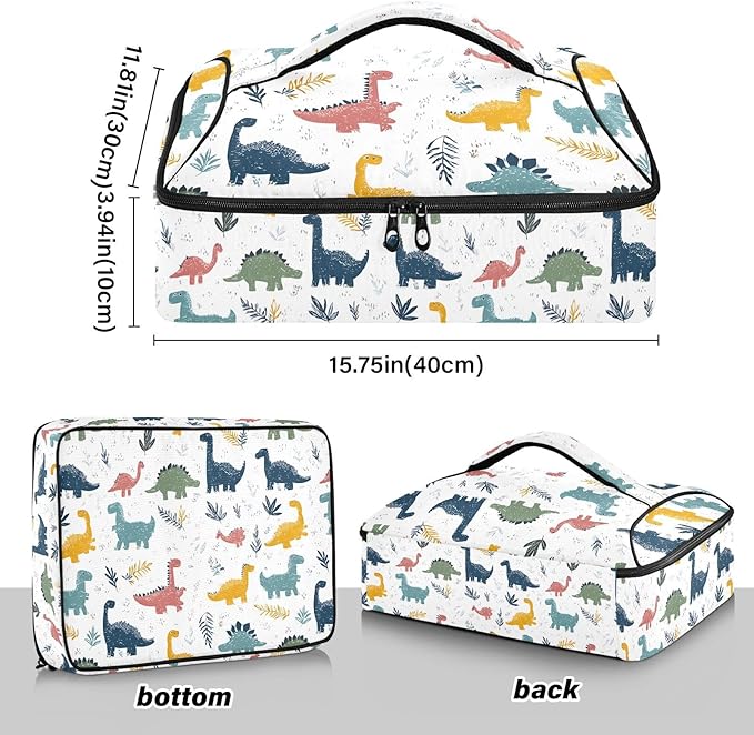 Casserole Carrier Pattern DinosaursInsulated Casserole Carrier for Hot or Cold Food Thermal Lunch Tote for Potluck Parties Picnic Beach Fits 9 x 13 Inches Baking Dish