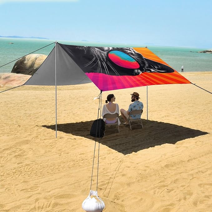 ALAZA Black Cat Beach Tent Sun Shelter UPF50+ Protection Beach Shade Canopy w/ 4 Sandbags for Outdoor Camping Fishing Backyard Fun Picnic 10x9 ft
