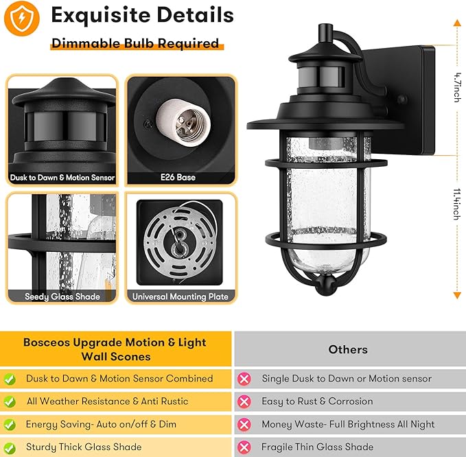 Set of 2 Motion Sensor Outdoor Wall Lantern Dusk to Dawn Waterproof Exterior Wall Sconce With Seeded Glass Black Wall Mount Light Fixture for Porch Doorway Garage E26 Socket Motion Activated