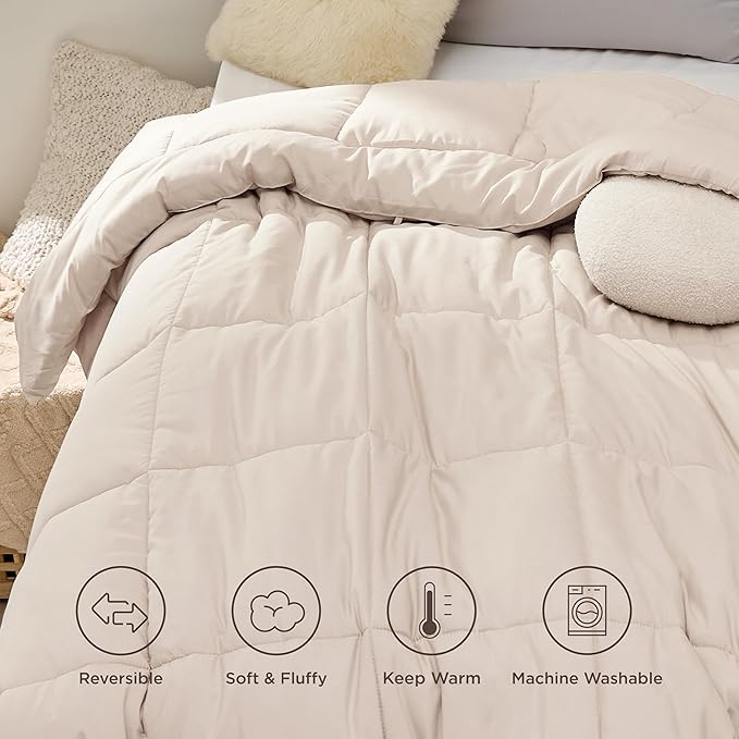 Bedsure Comforter Duvet Insert - Quilted Comforters Twin Size All Season Duvet GentleSoft Down Alternative Bedding with 8 Tabs Gifts for Women/Men Beige Twin 88 x 68 Inches