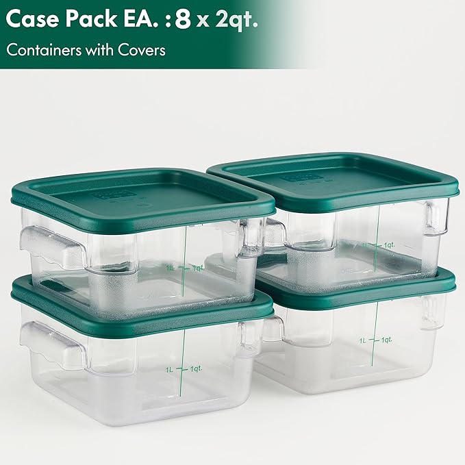 CURTA 8-Pack 2 Qt NSF Clear Polycarbonate Food Storage Containers with Green Lids - Square Commercial-Grade Freezer &amp Dishwasher Safe Stackable