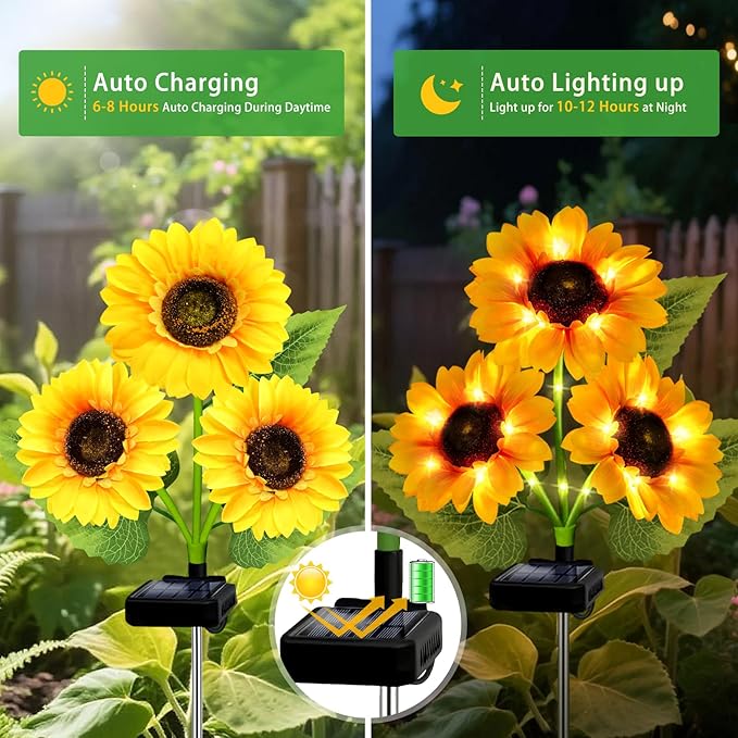 Solar Garden Lights Outdoor 3 Pack Sunflower Lights with 9 Large Sunflower Waterproof Garden Decor Birthday Gifts for Mom Grandma Decorative Solar Flowers for Pathway Patio Yard Fall Decorations
