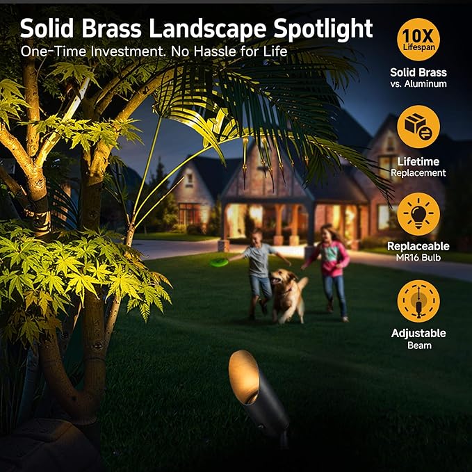 Gardenreet Low Voltage Spotlight - Outdoor Light Fixture 12V AC/DC Brass Landscape Lights LED Hardwired Weather Proof Bronze for Flag Wreath with Cool Light MR16 Removable Bulbs (10 Pack)