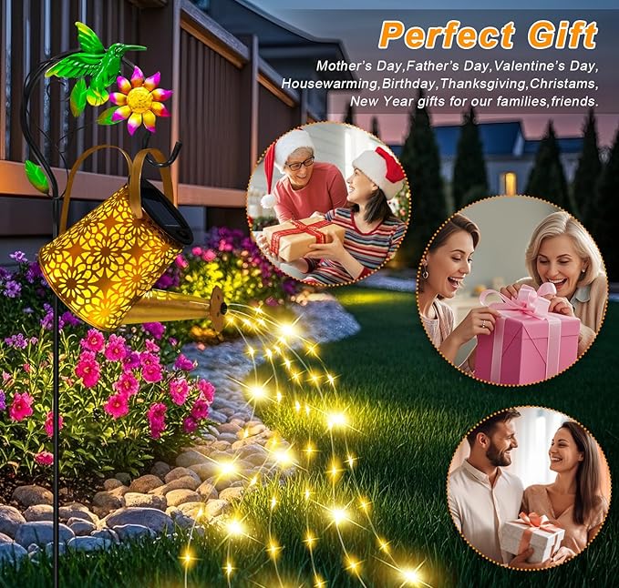 Solar Metal Watering Can with Hummingbird Shepherd Hook and Cascading Lights Outdoor Solar Lantern for Garden Yard Patio Decor and Gardening Gifts for Women Mother's Day