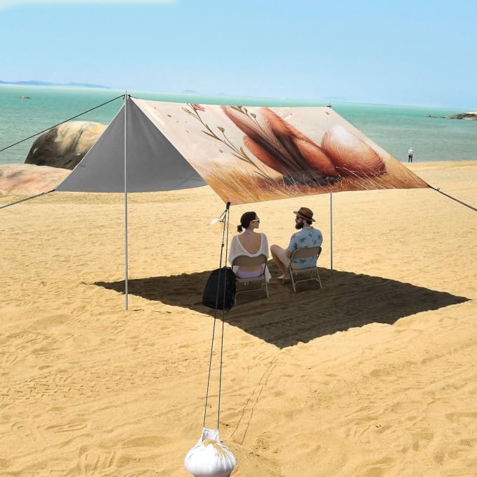 ALAZA Fox Poppy Flower Beach Tent Sun Shelter UPF50+ Protection Beach Shade Canopy w/ 4 Sandbags for Outdoor Camping Fishing Backyard Fun Picnic 10x9 ft