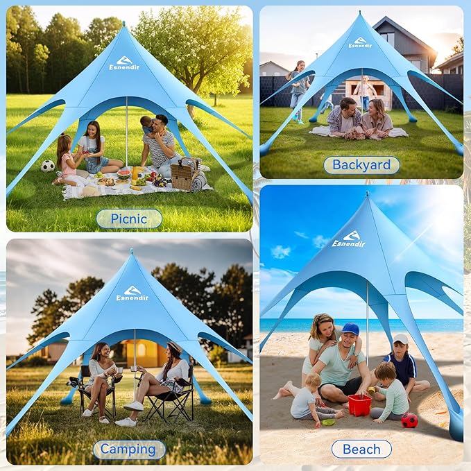 Beach Tent Sun Shelter &amp Portable Beach Canopy UPF 80+ UV Protection Beach Shade Canopy with 6 Sandbags Sand Shovel Ground Pegs for Outdoor Camping Picnics (12x12ft Sky Blue)