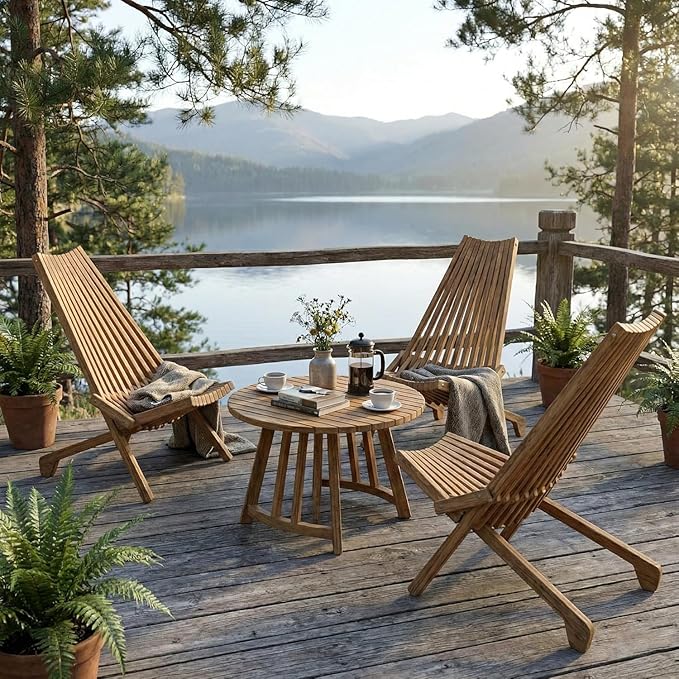 Folding Wooden Outdoor Chair Stylish Low Profile Acacia Wood Lounge Chair for The Porch Lawn Garden or Outdoor Patio Furniture (Wooden 2 Pack)