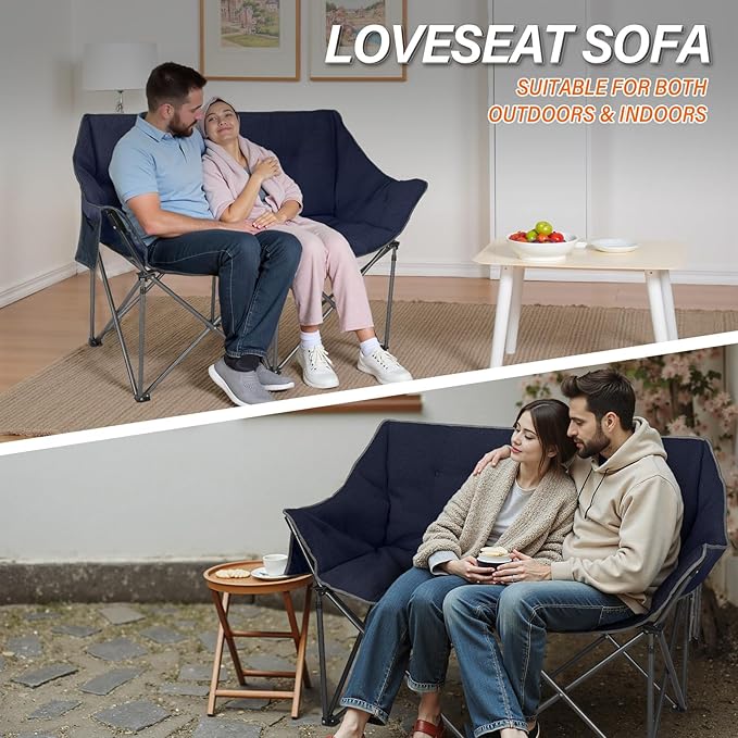 Double Camping Chairs-Padded Loveseat Camp Couch for 2 PersonHeavy Duty Sofa Folding Lawn Chair with Cushion for BackyardSportsPatio and Home UseDeep Blue
