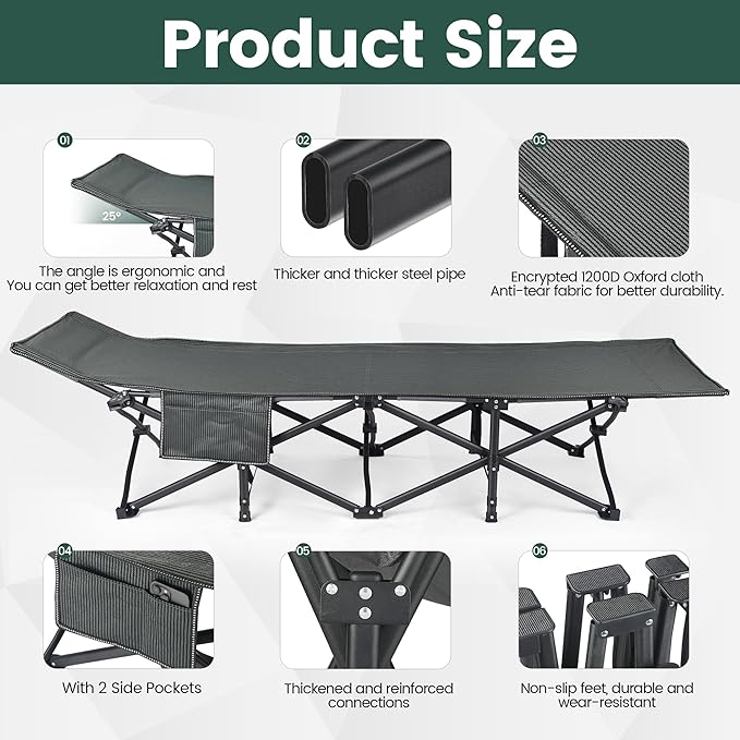 Oversized XXL Folding Camping Cot W/Mattress 75 L x 27.5 W x 14 H Heavy Duty Portable Cot for Adults with Carry Bag – Durable 1200D Oxford Fabric for Camping Travel Home or Office