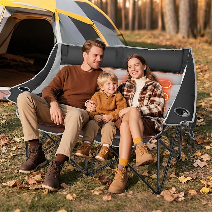 Suteck Heated Double Camping Chair Heated Loveseat Chair for Outdoor Sports W/3 Heat Levels &amp 4 Heating Zones Portable Folding Chair for Adults Use for Camping &amp Travel
