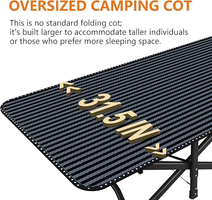 ATORPOK Oversized Camping Cot for Adults with Cushion Comfortable Extra Wide 31.5'' Folding Bed for Sleeping Lightweight Folding Bed with Carry Bag Supports 500 lbs