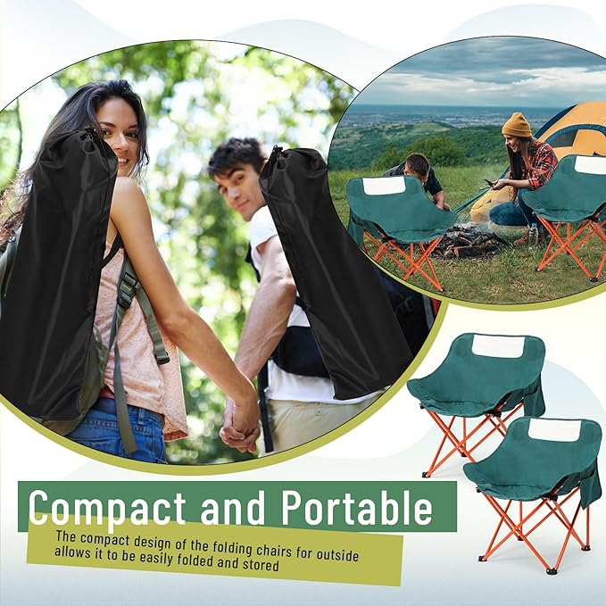 2 Pack Compact Camping Chairs Portable Folding for Outside with Carry Bag Lightweight Moon Chairs for Travel Picnic Hiking Beach Fishing 600D Oxford Supports 330lbs(Green)