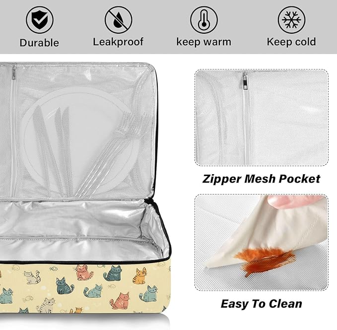 Casserole Carrier Interesting Patterns Cats and FishInsulated Casserole Carrier for Hot or Cold Food Thermal Lunch Tote for Potluck Parties Picnic Fits 9 x 13 Inches Baking Dish