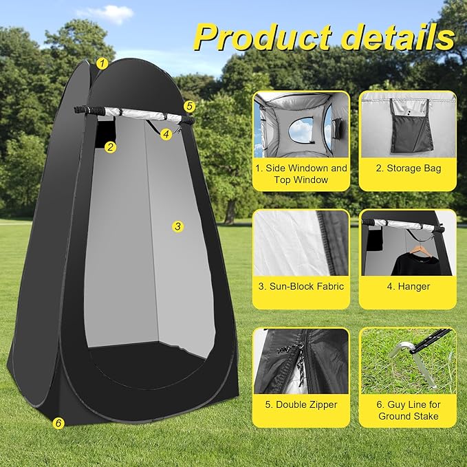 Pop Up Shower Tent for Camping Portable Outdoor Privacy Shower Tent with 6000mAh Rechargeable Shower