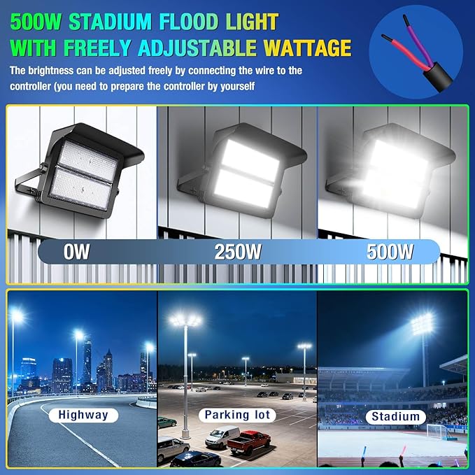 ledmo 500W Dimmable Led High Mast Stadium Light 75000LM Super Bright Outdoor Arena Floodlight Adjustable IP66 5000K 100-277V Sports Court Lighting for Commercial Square Ballpark Large Yard Area