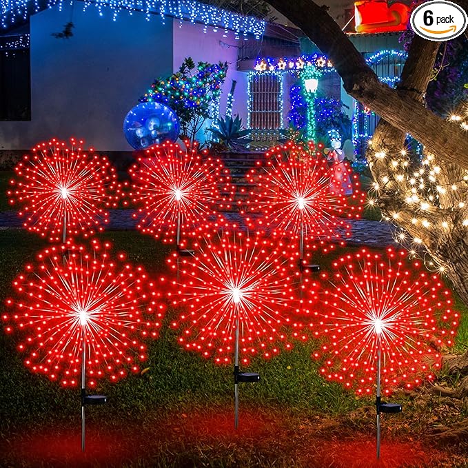 6 Pcs Christmas Solar Firework Stake Lights 180 LED 8 Modes Solar Waterproof LED Sparkler Lights Outdoor Decoration for 4th of July Xmas Holiday Garden Patio Yard Pathway Walkway Red