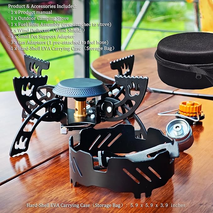 Foldable Camping Stove Portable Windproof Gas Stove with 3 Gas Canister Converters - Compact Outdoor Cooker for Hiking Backpacking Includes EVA Carrying Case Wind Shield &amp Pot Support (Black)
