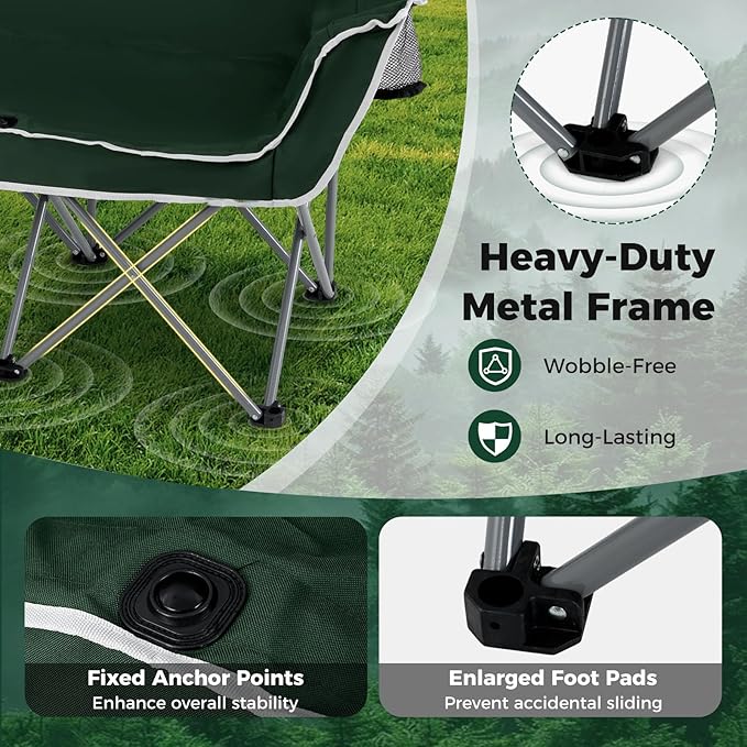 Tangkula 2 Person Camping Chair Portable Oversized Outdoor Folding Camp Chair Loveseat with Padded Seat Cup Holder Carry Bag Heavy Duty Lawn Chair for Beach Fishing Travel (2-PersonGreen)