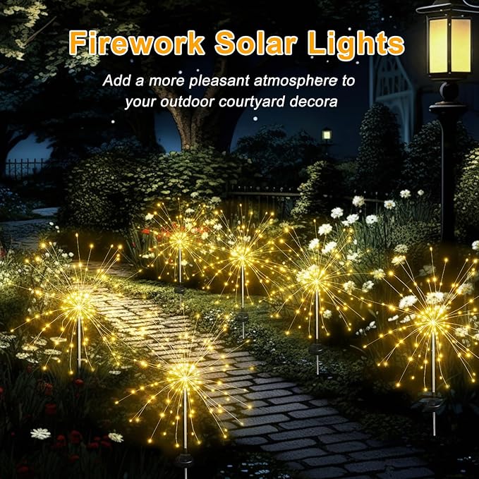 Solar Garden Firework Lights Outdoor Waterproof 4 Pack Solar Lighting with 8 Lighting Modes 120 LED Sparklers String Lights for Outside Decor Yard Pathway Decorations(Warm)