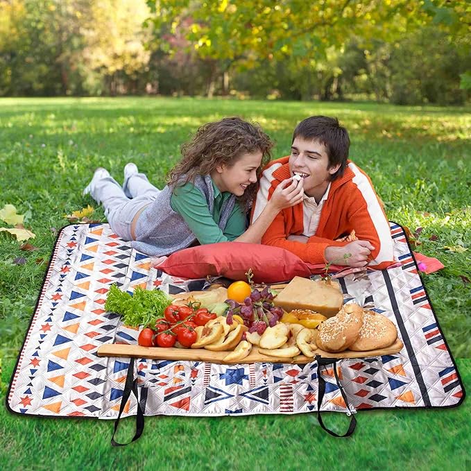 Outdoor Packable Picnic Blanket with Zipper Folds into Tote Bag with Large Storage and Shoulder Strap Waterproof Sandproof for Lawn Beach Hiking Camping (colorful1 Small)