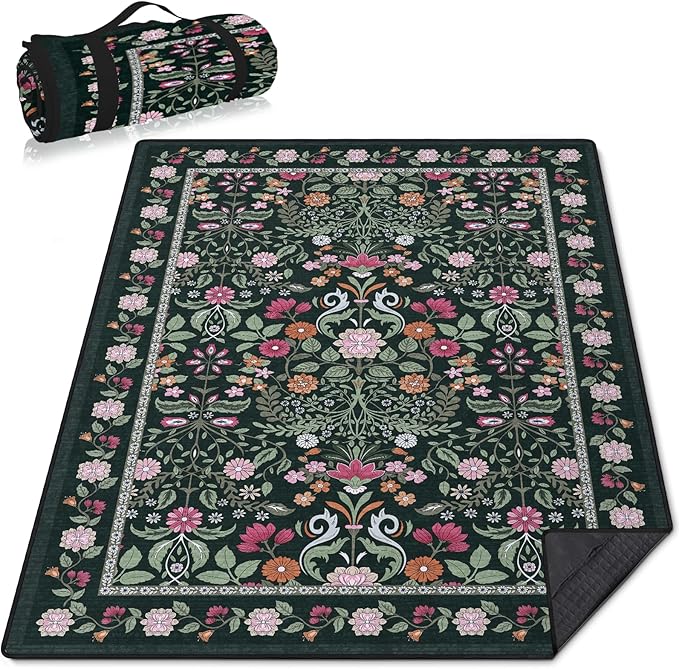 Floral Picnic Blankets Waterproof Foldable 60″X80″ Packable Picnic Mat Boho Outdoor Blanket for Grass Large Beach Blanket Sandproof Picnic Accessories for Camping Music Festival Park Lawn Travel