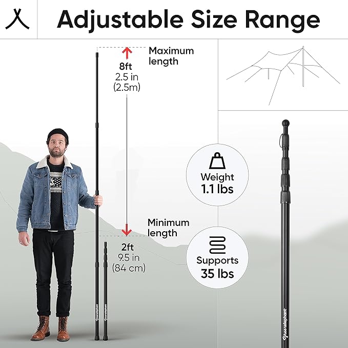Green Elephant Camping Tarp Poles - Adjustable Aluminum Telescoping Tent Poles for Tarps Canopy &amp Awning - Heavy Duty Collapsible Pole Set of 2 - Extends 8ft 2.8 in Shrinks to 2ft 9.5 in.