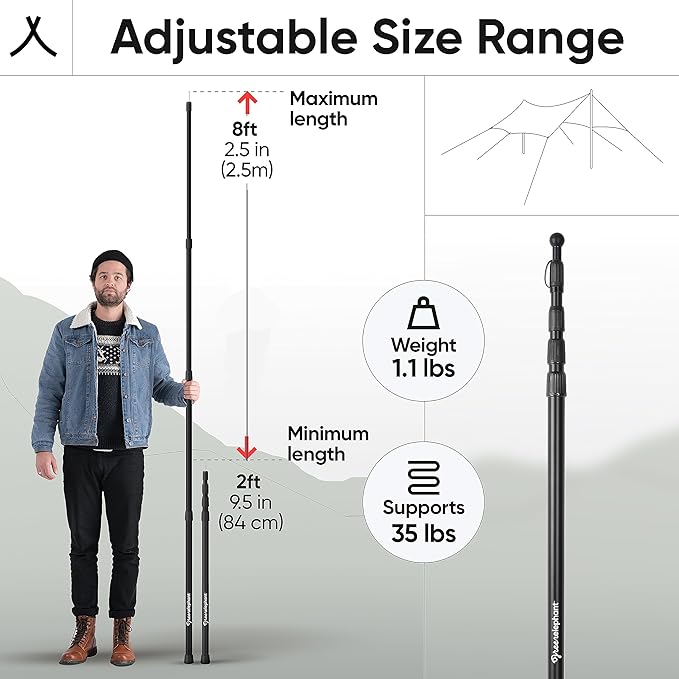Green Elephant Camping Tarp Poles - Adjustable Aluminum Telescoping Tent Poles for Tarps Canopy &amp Awning - Heavy Duty Collapsible Pole Set of 4 - Extends 8ft Shrinks to 2ft - Caravan &amp Beach