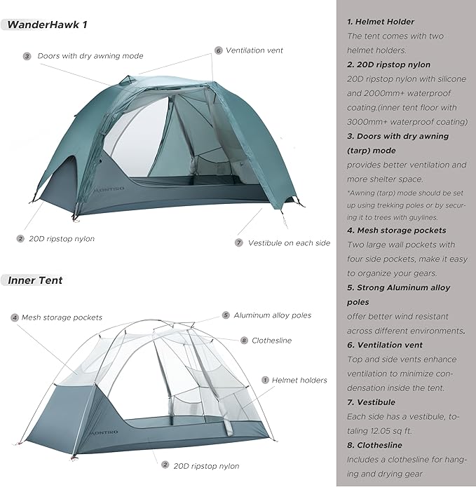 Wander Hawk 1-2 Person Backpacking Tent Lightweight 1 Person / 2 Person Tent for Bikepacking Backpacking Camping &amp Hiking