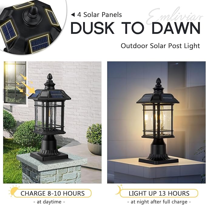 Emliviar 16 Inch Outdoor Solar Post Light Dusk to Dawn Pier Mount Lamp Post Light with Remote Control Black Finish with Seeded Glass Shade A2202110P1-SL BK