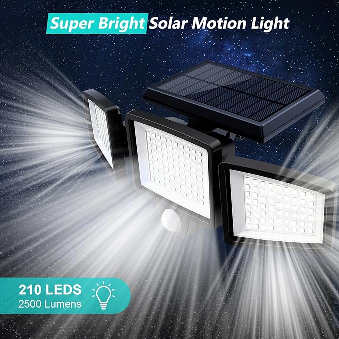 Tuffenough Solar Outdoor Lights 2500LM 210 LED Security Lights with Remote Control3 Heads Motion Sensor Lights IP65 Waterproof270° Wide Angle Flood Wall Lights with 3 Modes(2 Packs)