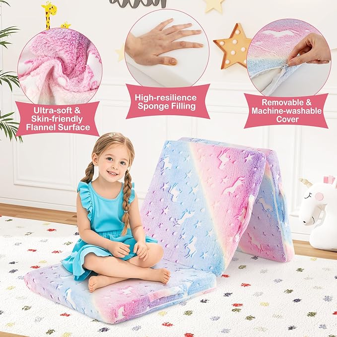 Costzon Foldable Floor Mattress for Kids Glow in The Dark Toddler Floor Nap Mat w/Washable Flannel Cover Tri-Folding Children Floor Bed for Sleeping Daycare Playroom School Kindergarten or Nursery