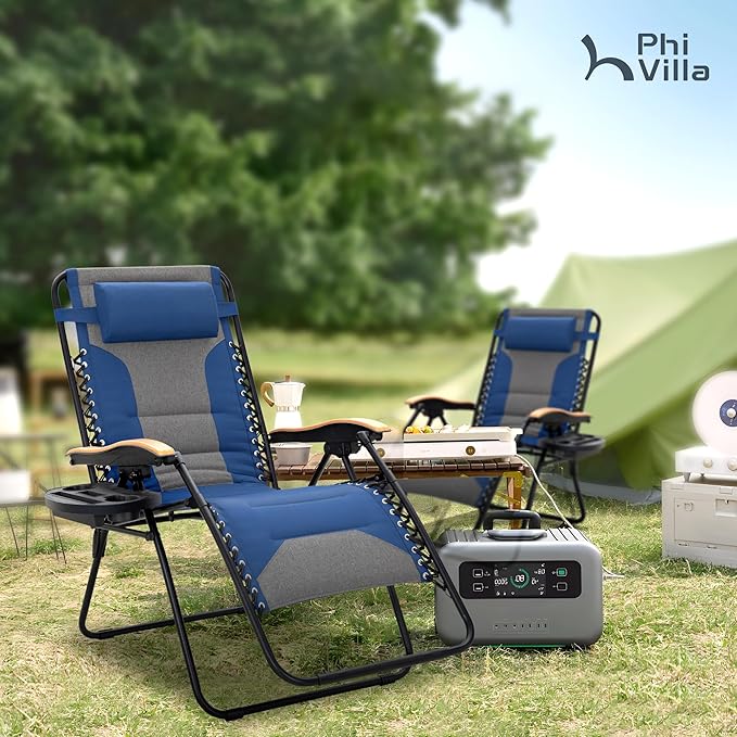 PHI VILLA XXL Oversized Padded Zero Gravity Chair Foldable Patio Recliner 30 Wide Seat Anti Gravity Lounger with Cup Holder Support 400 LBS (Thumb Blue)