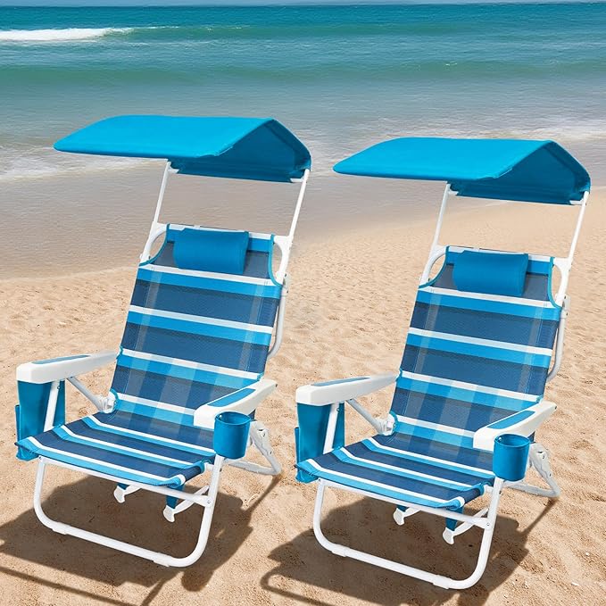 2 Pack Beach Chair with Canopy Shade 5 Positions Textilene Folding Reclining Beach Chair with Backpack Straps Cooler Bag &amp Cup Holder for Outdoor Lawn Camping