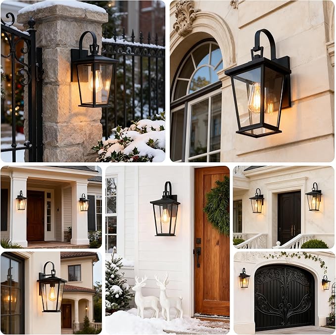 Kalium Outdoor Wall Lights Fixtures Lantern Frame 16 1/8 Outside Lights Black Transitional Durable Metal Clear Glass for Post Exterior Barn Deck House Porch Yard Patio Garage Garden
