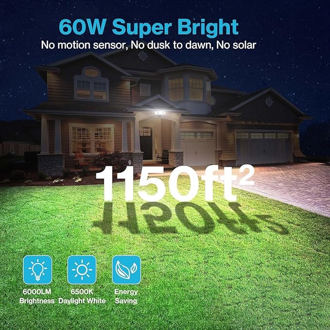 Olafus 60W Flood Lights Outdoor 2 Pack Switch Controlled LED Security Lights 6000LM 6500K Outside Floodlight IP65 Waterproof Exterior Light Fixture for House Yard Garage Wall/Eave Mount Brown